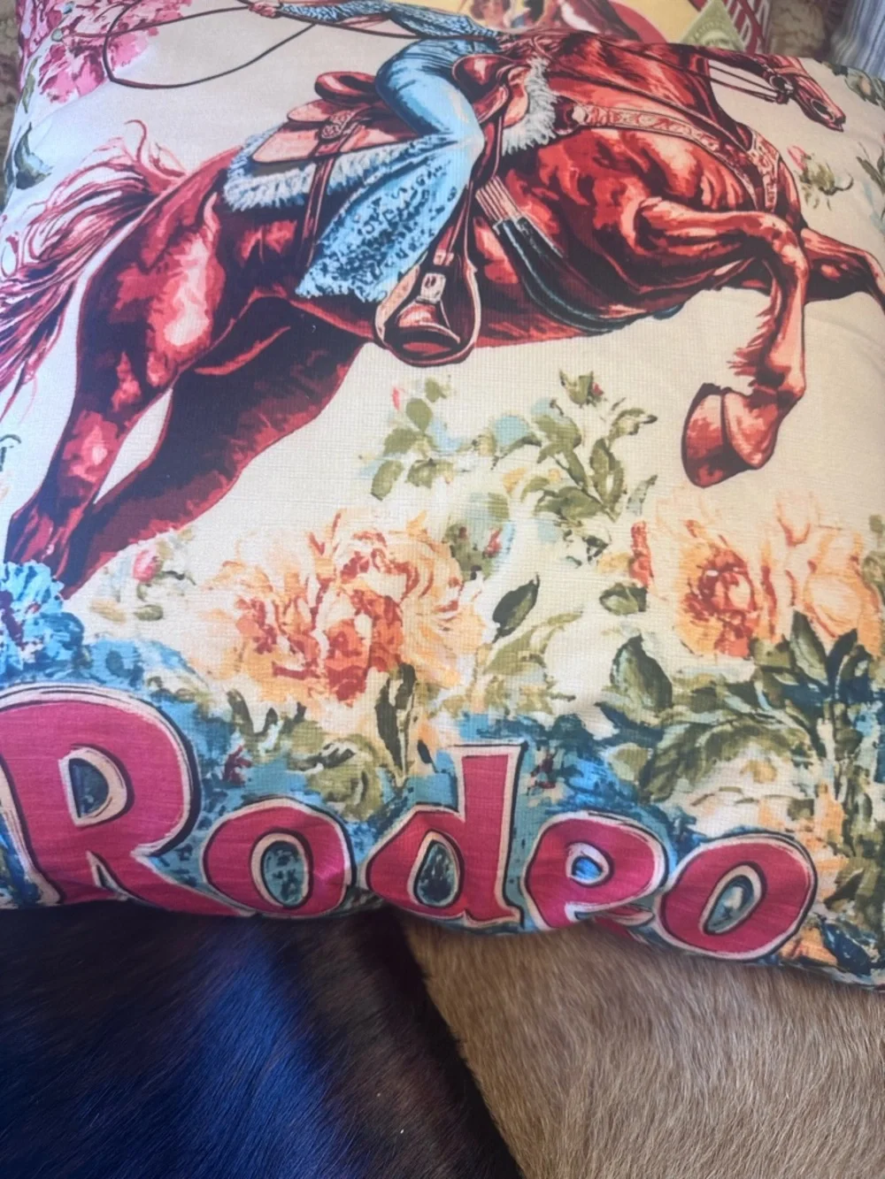 Western Cowgirl Horse Decorative Throw Pillow in Floral Red & Blue